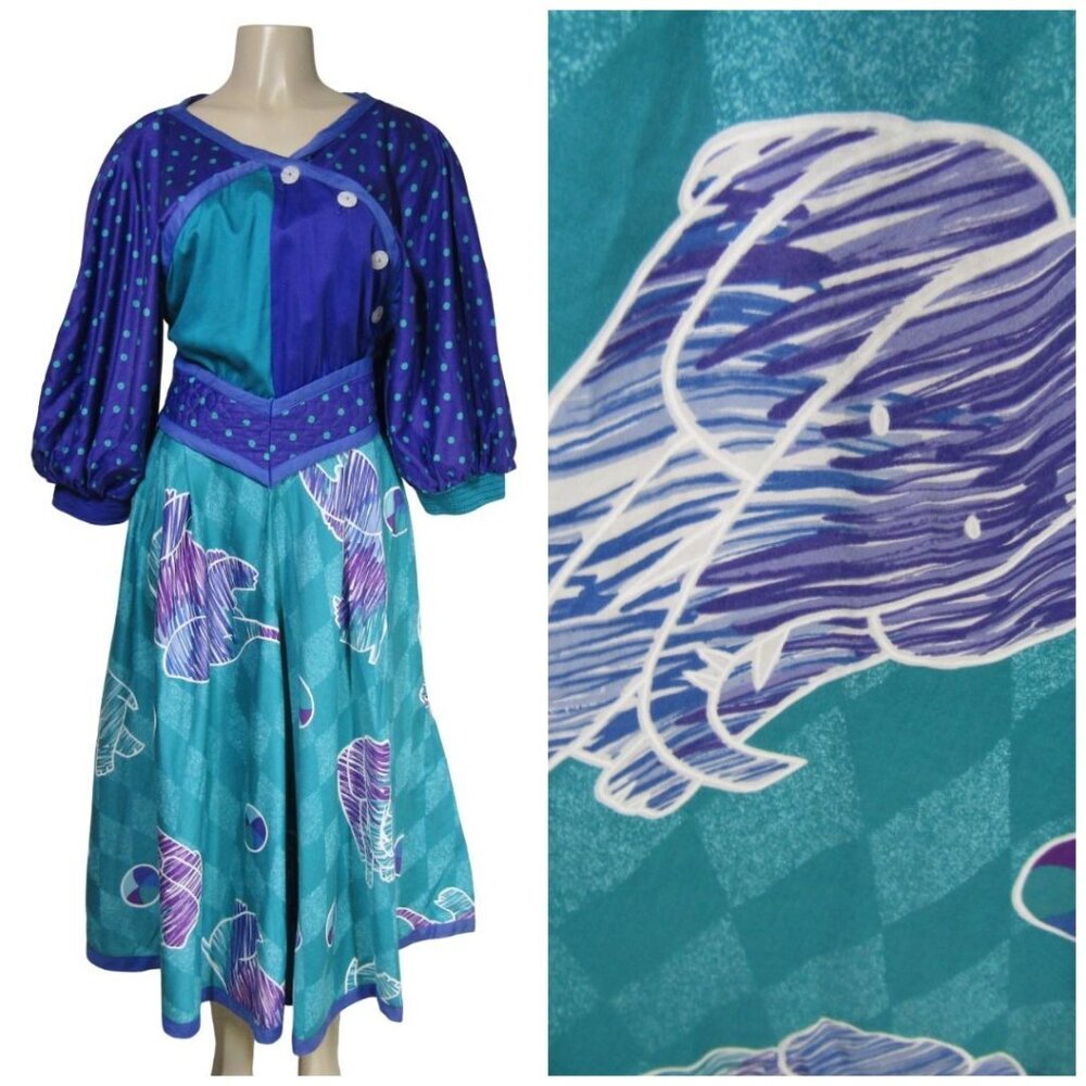Vintage Jeanne Marc Polka Dot Elephant Midi Maxi Dress